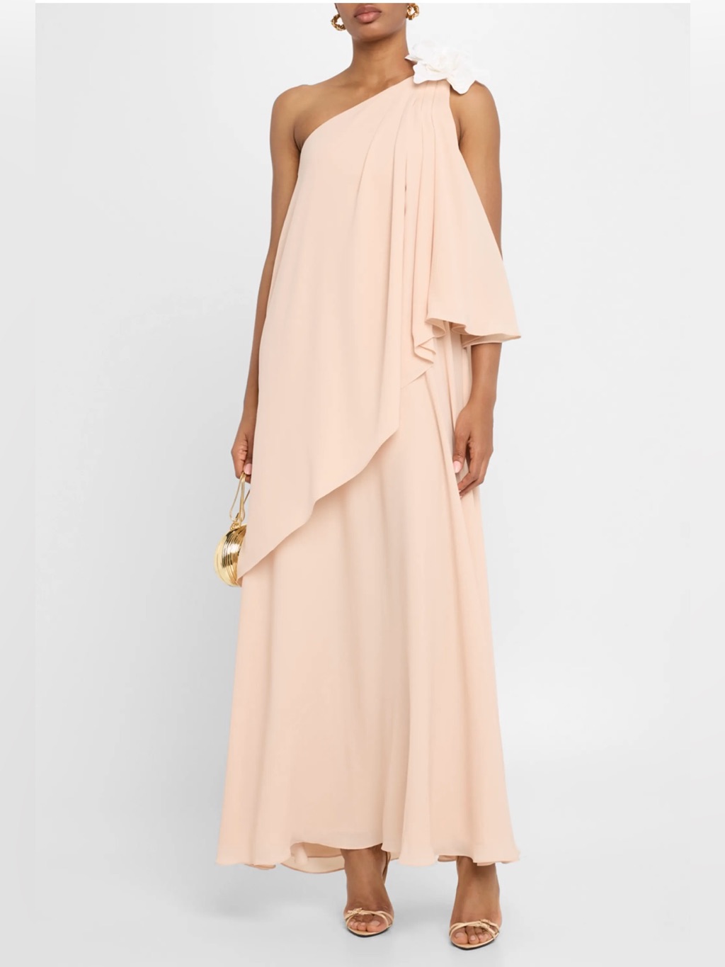 Halston Solena Georgette Gown One-Shoulder Cream Maxi Gown W/ Floral Accent